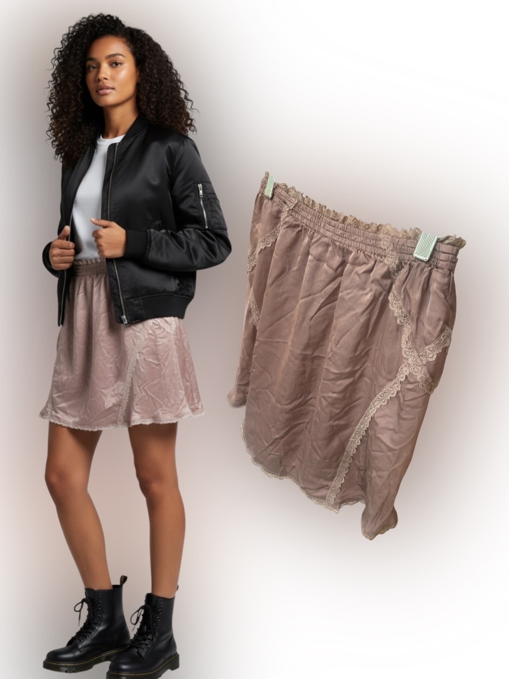 Anthropologie Mauve Brown Silky Lace Trim Mini Skirt Elastic Waist Lined XS